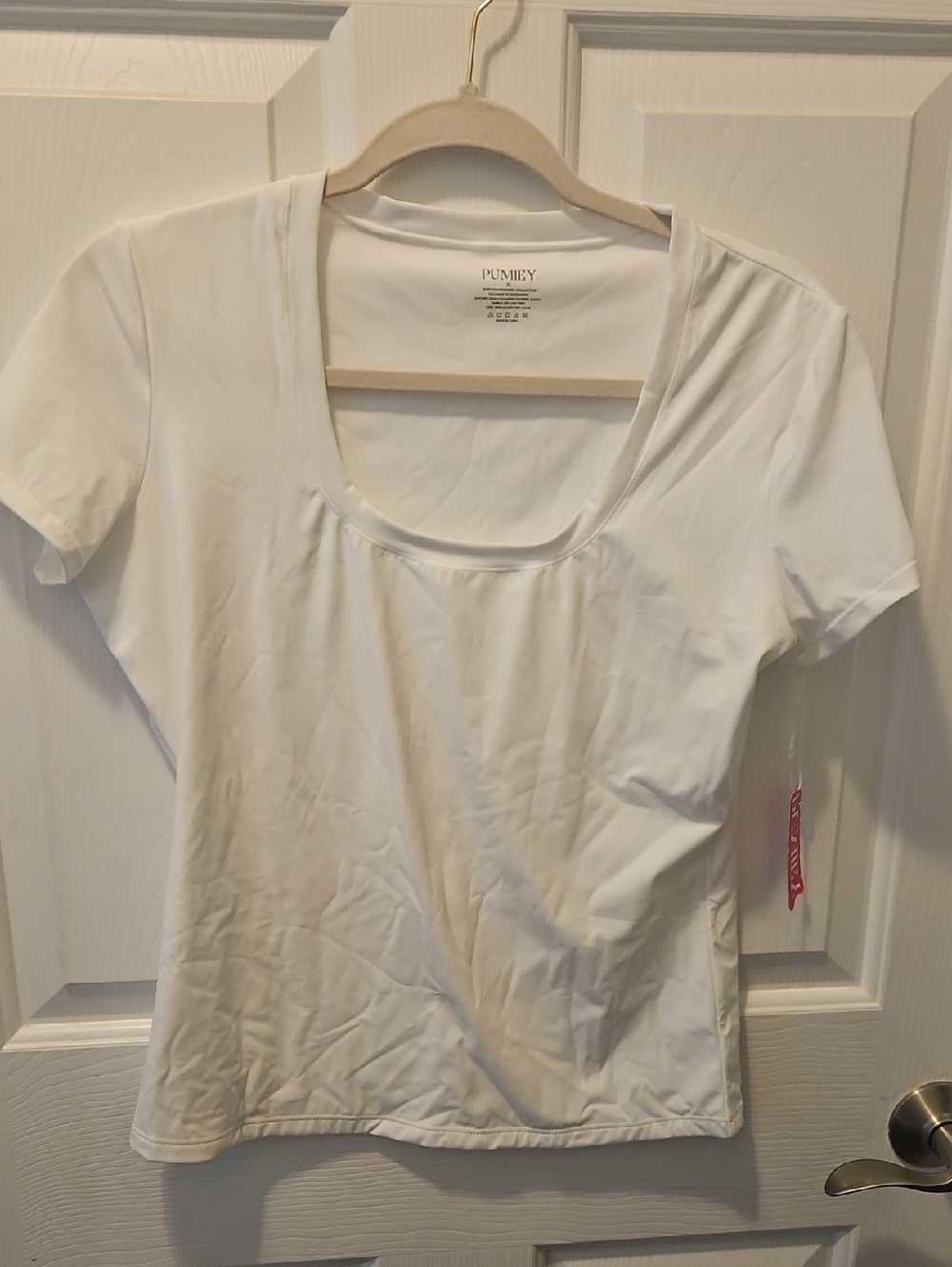 Pumiey Women's White Scoop Neck Short Sleeve Tee XL - Double Lined Front